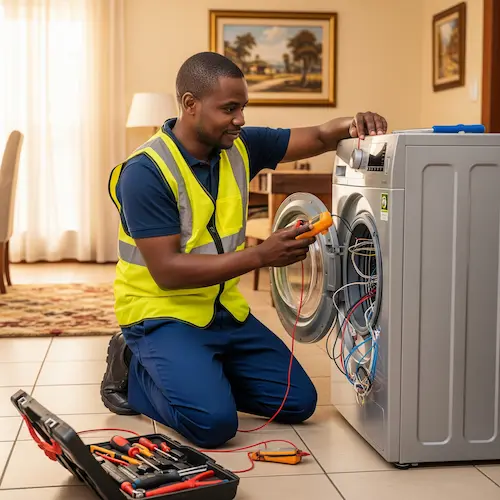 A technician in a yellow safety vest kneels on the floor, using a multimeter to repair a washing machine. 