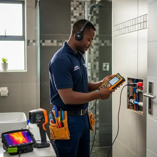 An image of a plumber troubleshooting a Leak detection  in South Africa