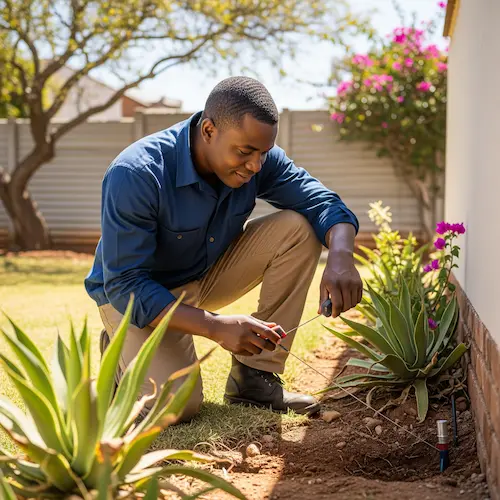 A man in a blue shirt kneels in a garden, using the advanced leak detection methods. 