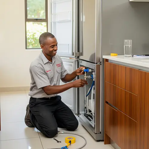 A technician in a gray uniform kneels on a kitchen floor, smiling while fixing a pipe at the bottom of a refrigerator. A wrench and tape lie nearby.