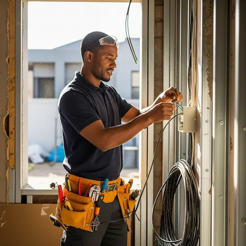 A man in a dark shirt and safety goggles is working on electrical wiring in a partially constructed building, wearing a tool belt.