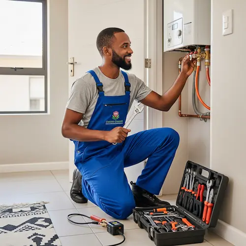 An image of a plumber troubleshooting a natural gas geyser in South Africa