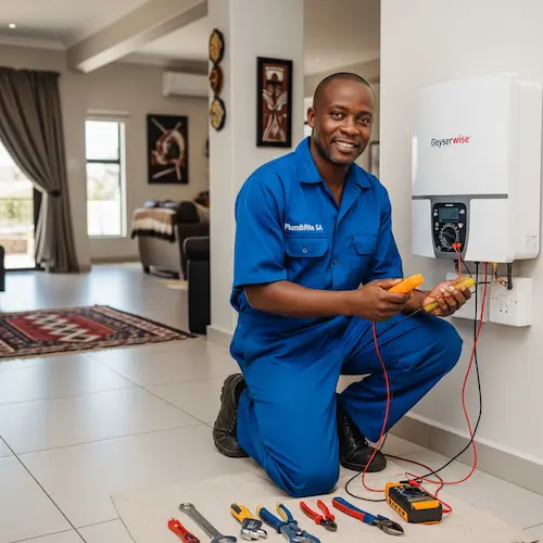 An image of a plumber troubleshooting a Geyserwise system in South Africa