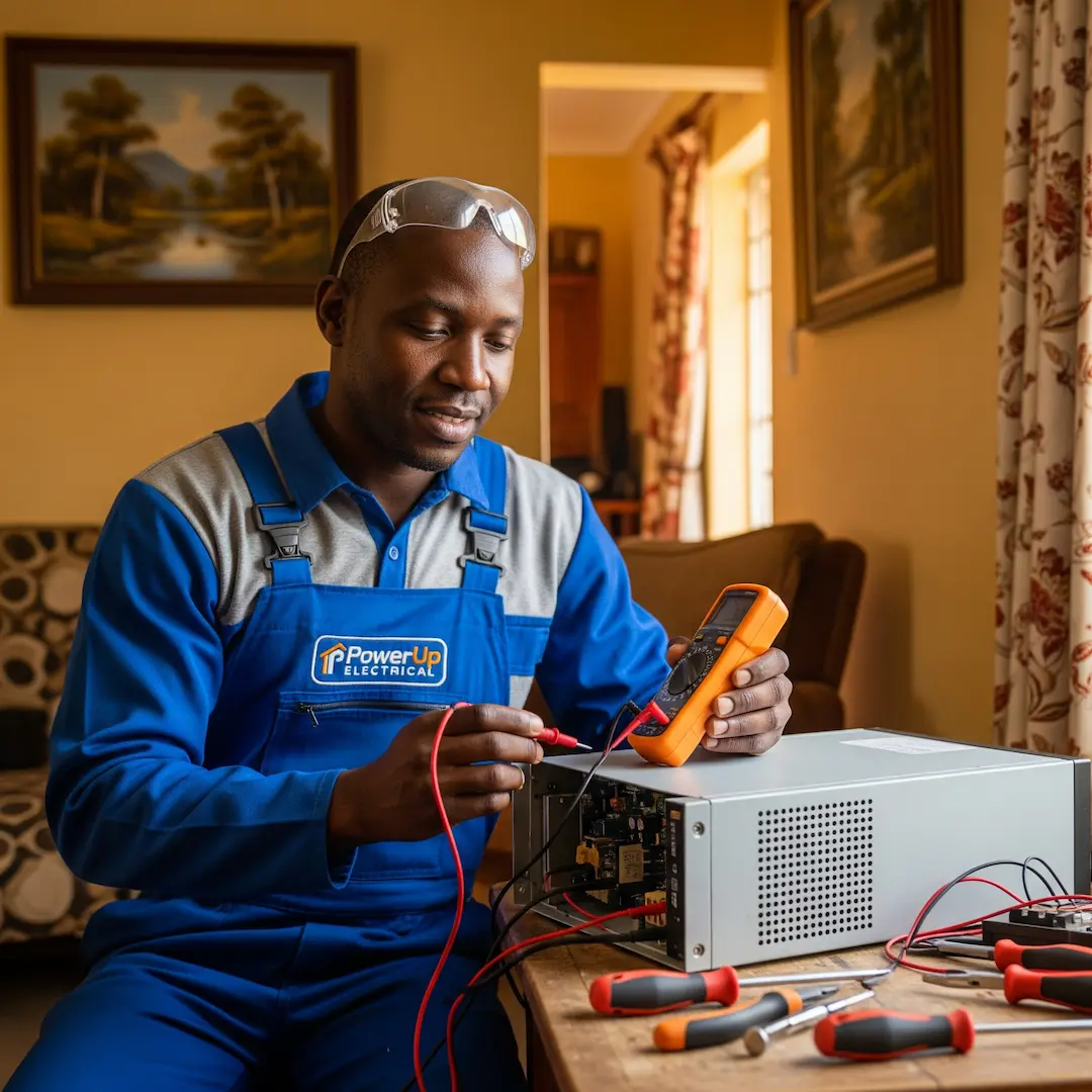 A technician in blue coveralls uses a multimeter to test an UPS on a wooden table, surrounded by tools. 
