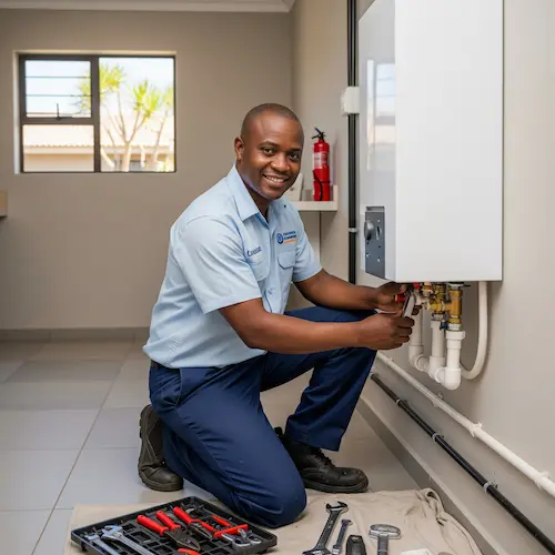 A smiling technician in a blue uniform kneels, adjusting the pipes for geyser installation