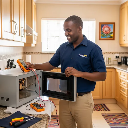 Electrician fixing a microwave in a South African home