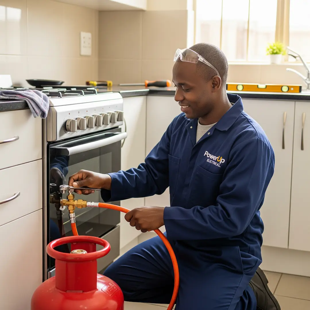 A technician in blue coveralls kneels in a kitchen, connecting a gas cylinder to a stove.