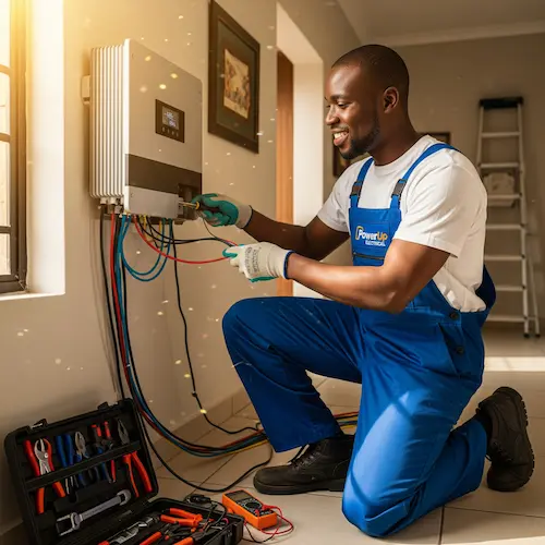 Smiling electrician in blue overalls kneels to install inverter for load shedding, surrounded by tools. 