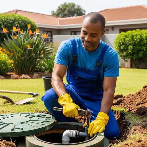 A man in blue overalls and yellow gloves confidently works on a leak of a septic tank, surrounded by lush plants and a sunny yard.