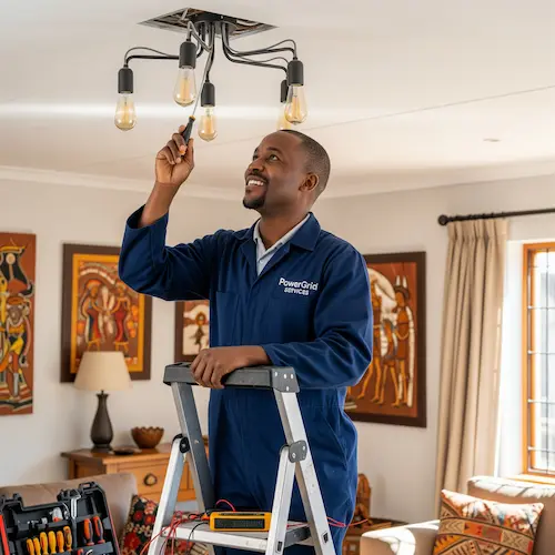 An image of an electrician repairing a faulty light in South Africa