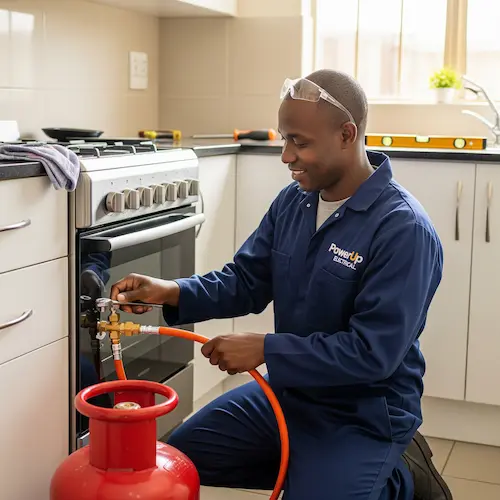 A technician in blue coveralls kneels in a kitchen, connecting a gas cylinder to a stove. 
