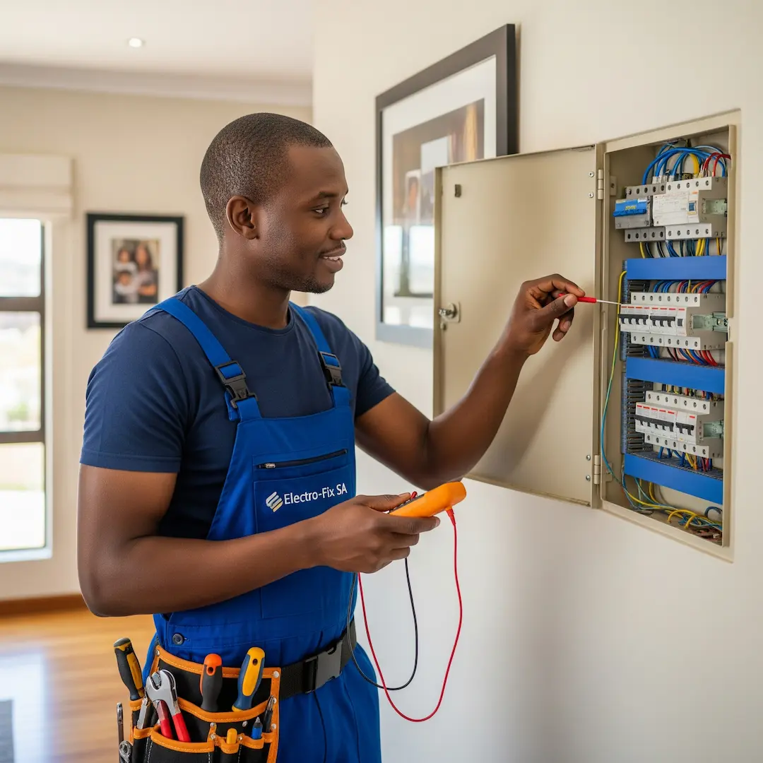 A smiling electrician in blue overalls works on a home's DB board using a tester. 