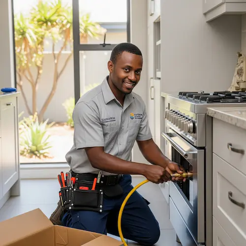 An image of an electrician installing a natural gas appliance in South Africa
