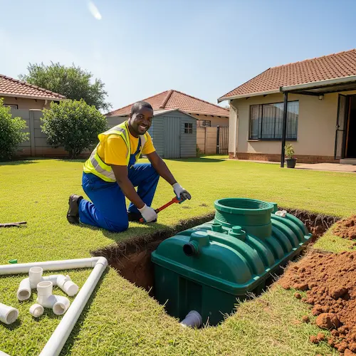 An image of a plumber installing a septic tank in South Africa