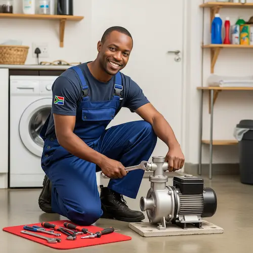 An image of a plumber installing a water pump in South Africa