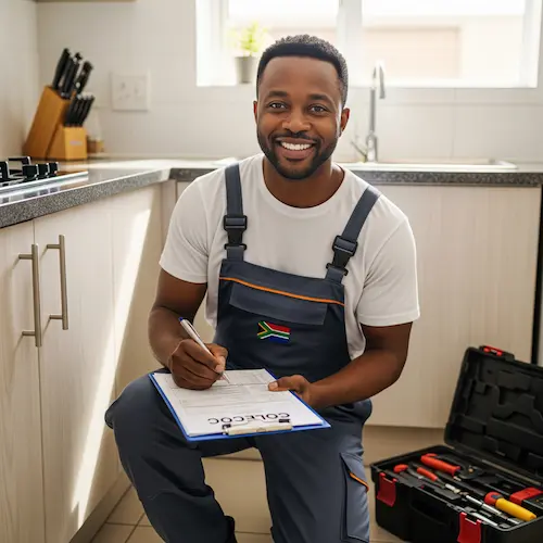 A smiling technician in overalls kneels in a kitchen, holding a clipboard and pen. 
