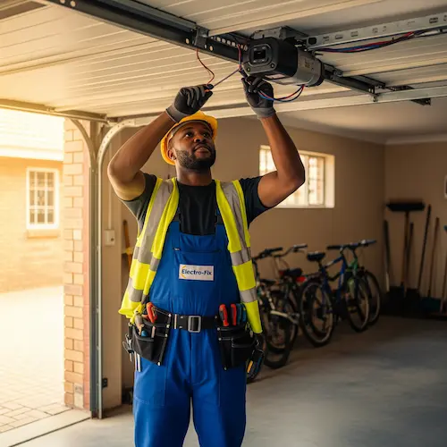 A technician in blue overalls and a yellow hard hat works on a garage motor
