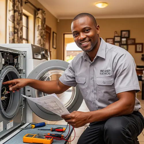 An image of an electrician repairing a washing machine in South Africa