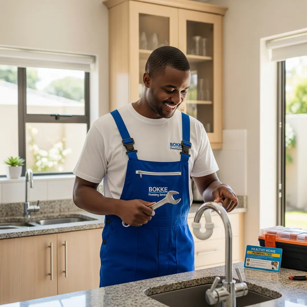 A plumber in a South African home fixing the tap