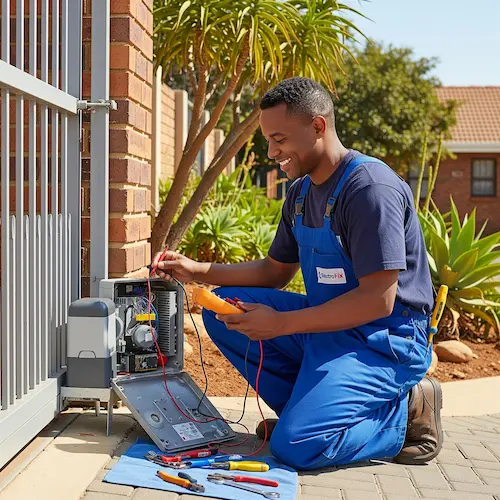 A technician kneels on a driveway, smiling while fixing a gate motor. 