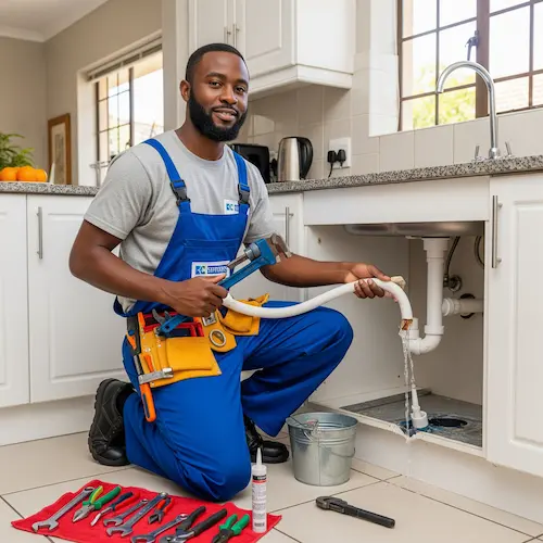 An image of a plumber repairing a burst pipe in South Africa
