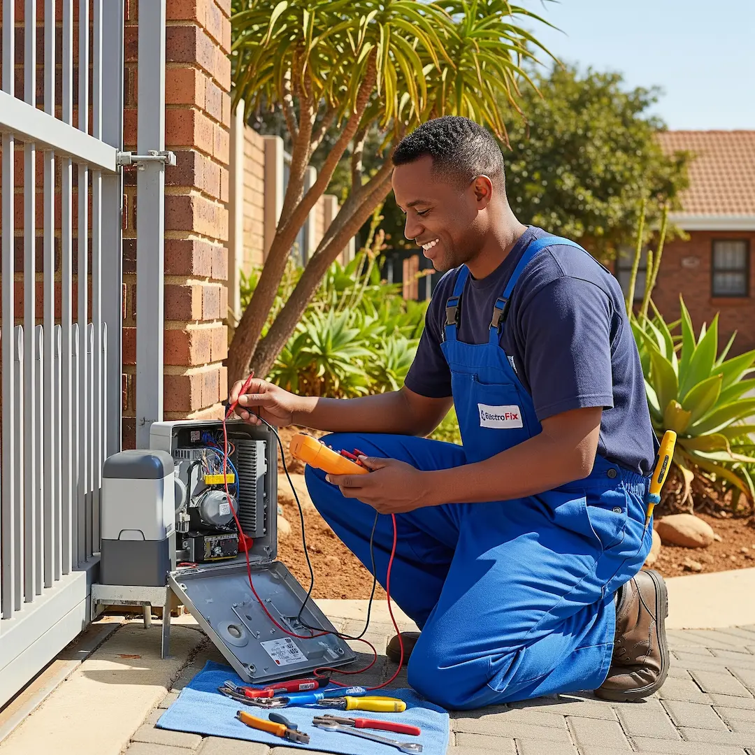A technician kneels on a driveway, smiling while fixing a gate motor.