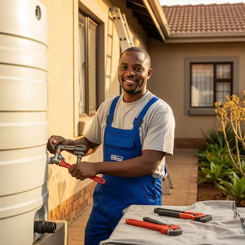 An image of a plumber installing a water backup tank in South Africa