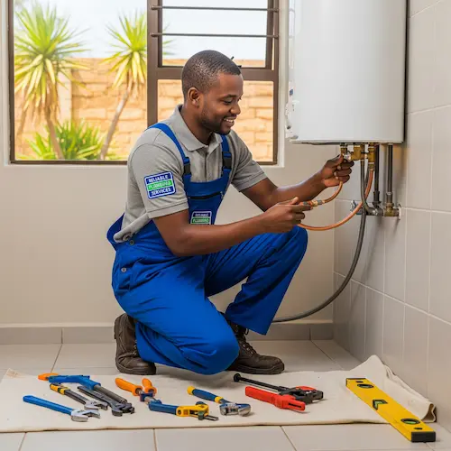 A plumber repairing the Geyser in a South African home