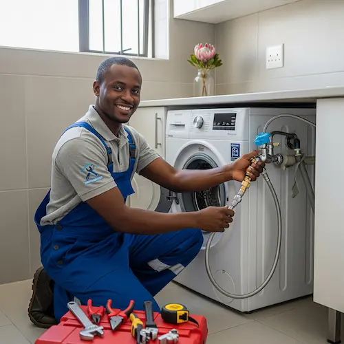 Man in blue overalls smiling while fixing a washing machine. He kneels with tools beside him in a bright laundry room, creating a positive tone.