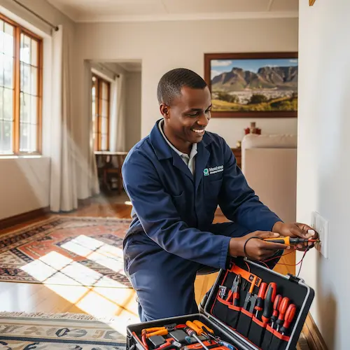 An image of an electrician troubleshooting home wiring in South Africa