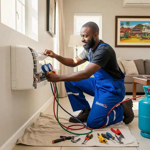 Electrician repairing then aircon in a South African home