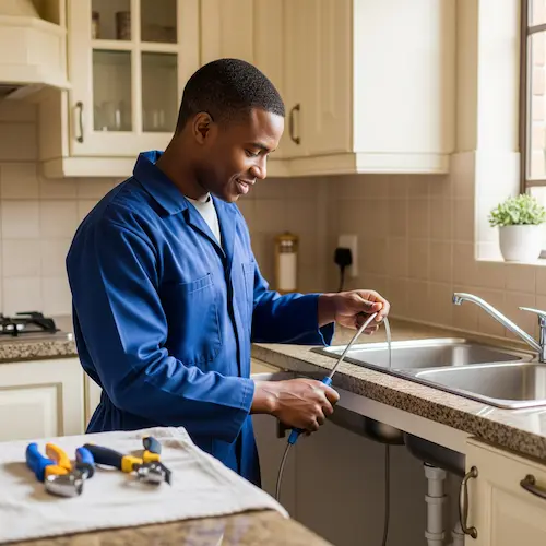 A plumber in a blue uniform works on a kitchen sink, holding a hose. 