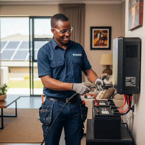 Smiling technician in blue uniform and safety glasses installs solar backup power installation. 