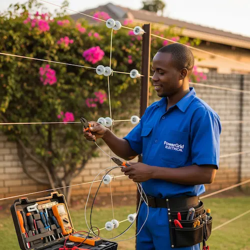 A smiling electrician in a blue uniform works on an electric fence, using pliers. 