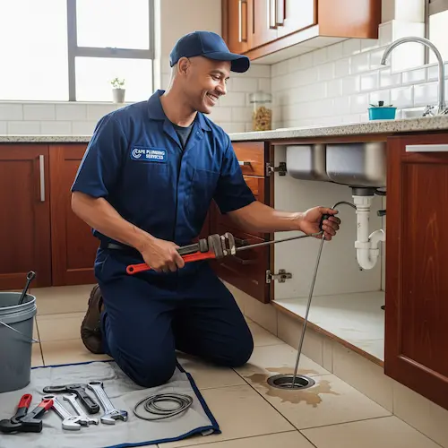 An image of a plumber unblocking kitchen drain and sewer  in South Africa
