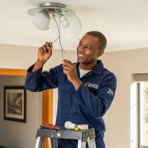 Man in a blue uniform with works on ceiling for fixing a faulty light fixture