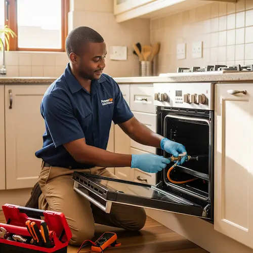 A technician in a blue uniform kneels and repairs an natural oven in a bright kitchen. 
