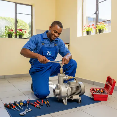A smiling technician in blue overalls kneels indoors, fixing a water pump with a wrench.