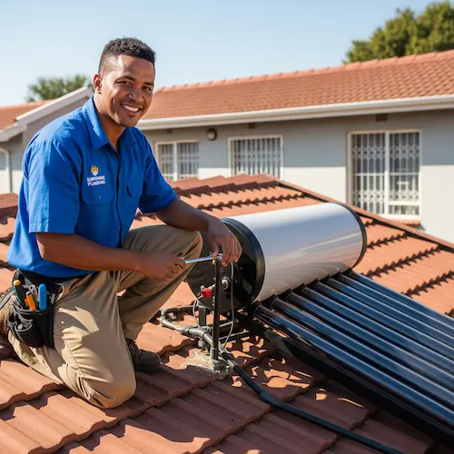 An image of a plumber repairing a solar geyser in South Africa