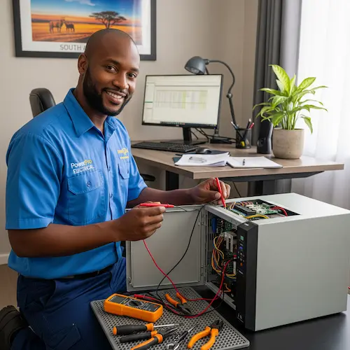 An image of an electrician repairing a UPS system in South Africa