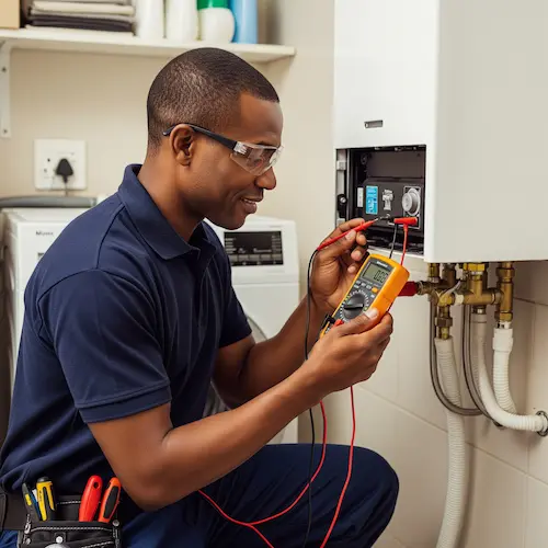 A technician in safety glasses uses a multimeter to check natural gas geyser problems