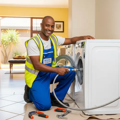 A plumber installing a washing machine in South Africa