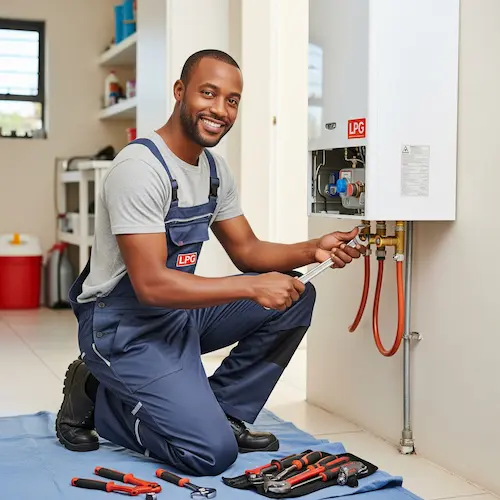 A smiling technician in blue overalls kneels on a mat, fixing a wall-mounted LPG appliance with a wrench. 