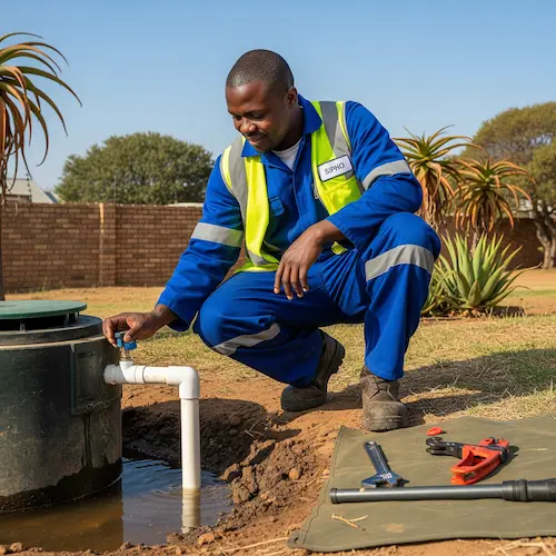 An image of a plumber repairing a septic tank in South Africa