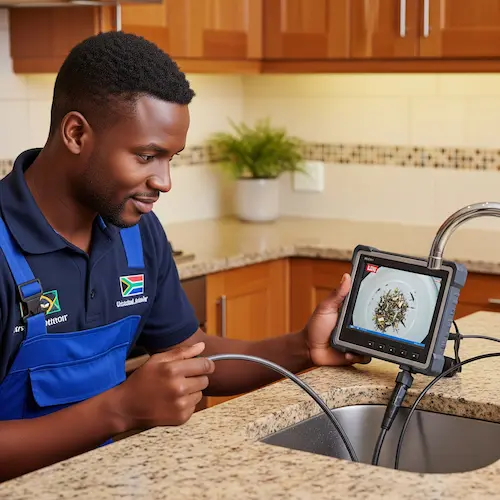 A plumber carrying out a drain camera inspection