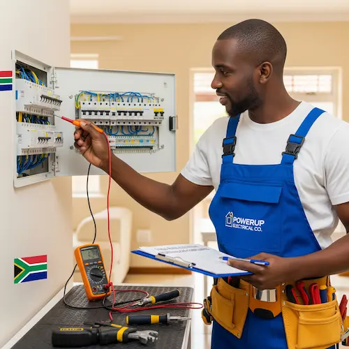 Electrician in a blue apron works on a circuit breaker in COC process.