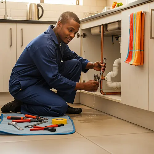 A plumber in blue coveralls repairs a leaking pipe under a kitchen sink, surrounded by tools on a mat.
