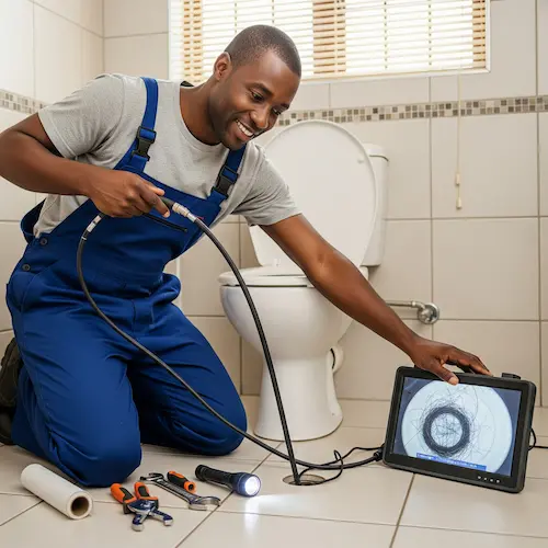 A plumber in blue overalls kneels on a bathroom floor, smiling as he inspects a plumbing camera monitor. 