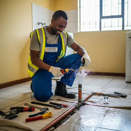 Plumber fitting and repairing a burst Pipe in South Africa