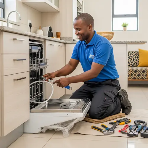 An image of a plumber installing a dishwasher in South Africa